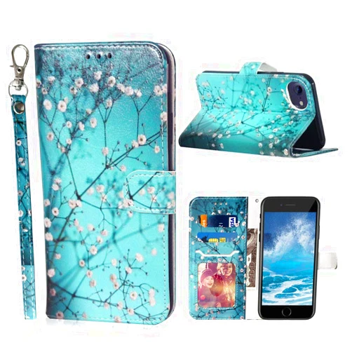 JanCalm for iPhone SE 2022, iPhone 8 Wallet Case,iPhone 7/SE 2020 Case,iPhone 6/6S Case (Not Plus),PU Leather [Wrist Strap] [Card Holder/Cash Slots] Stand Flip Cover (Plum Blossom)