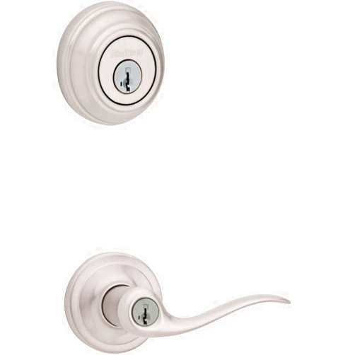 Kwikset 991 Tustin Entry Lever and Single Cylinder Deadbolt Combo Pack featuring SmartKey in Satin Nickel, Model Number: 99910-040