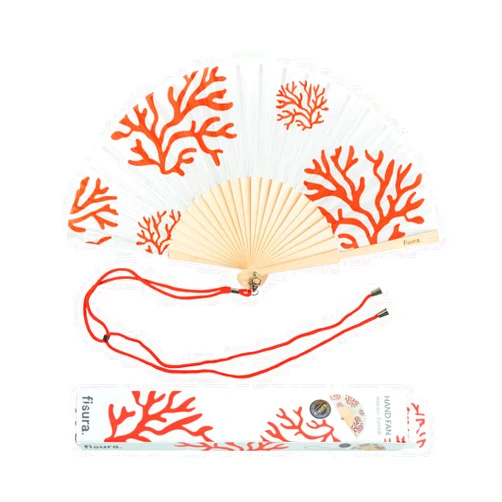 Fisura - Original corals folding fan. Blue handheld folding fan for women. Hanger included. Fans for wedding, party, gift.