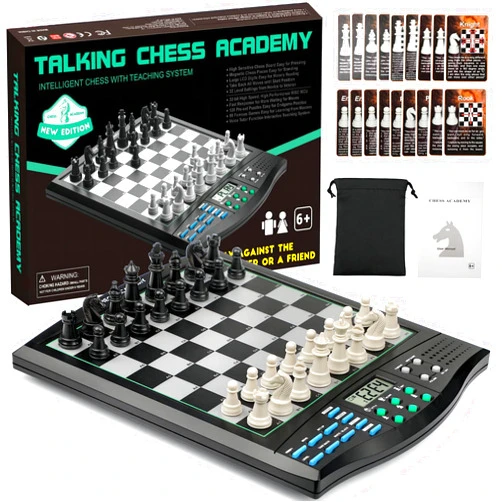 JWSCHESSUN Talking Chess Academy Electronic Chess Set, Magnetic Computer Chess Game with Interactive Teaching System for Beginners, Advanced AI for Improving Players, Perfect for Kids & Adults, Simple and Noble