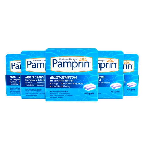 Pamprin Multi-Symptom Formula, with Acetaminophen, Menstrual Period Symptoms Relief including Cramps, Pain, Irritability and Bloating, 40 Caplets (Pack of 5)
