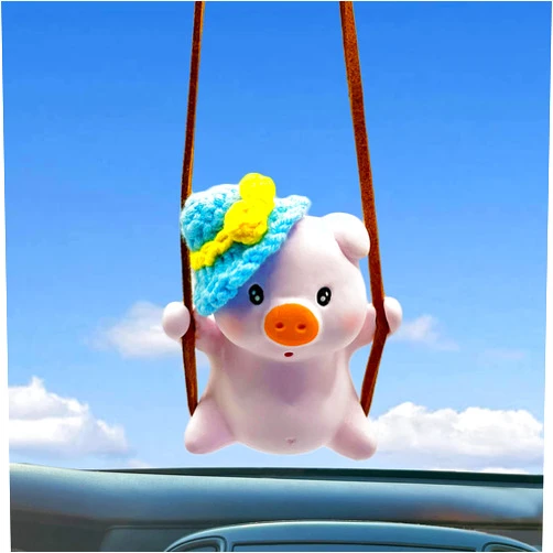 MHRYEZ Rear View Mirror Hanging Accessories Crochet Swinging Pig Car Hanging Ornament Cute Car Accessories for Women or Teens Car Decor Car Pendant Car Mirror Hanging Accessories(Blue)