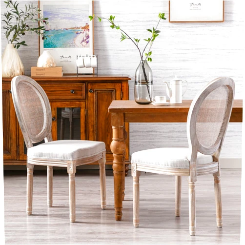 chairus Farmhouse Dining Chairs Set of 2, Round Rattan Back French Country Dining Room Chairs Vintage Fabric Upholstered Chair with Rustic Wood Legs, Beige 2 PCS
