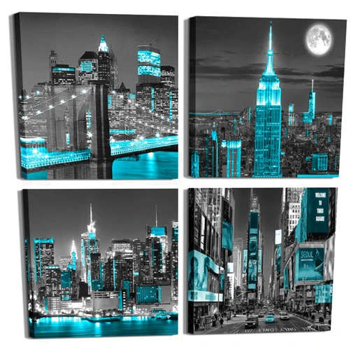 AnZhongArt New York City Canvas Wall Art Print black and white Brooklyn Bridge Pictures Blue Empire Building Wall Art Night View Modern Art Micro Spray Art Bedroom Office Living room Home Wall