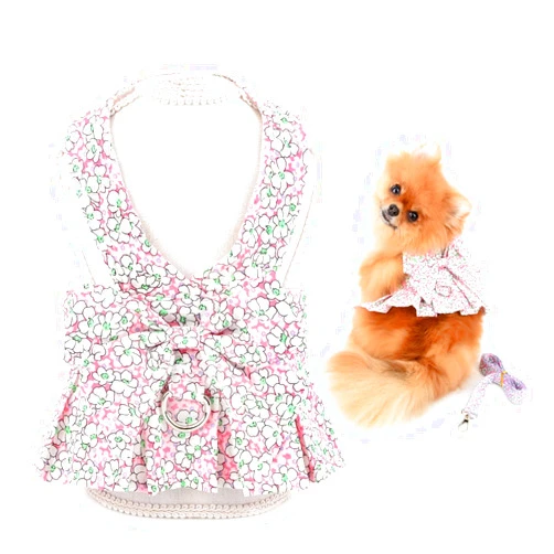 SMALLLEE_LUCKY_STORE Dog Floral Harness Dress with Leash Set,Puppy Bow Princess Dress for Small Medium Dog Cat Girls Adjustable Puppy Skirt with D-Ring Female Dog Clothes Summer Pet Apparel,Pink,S