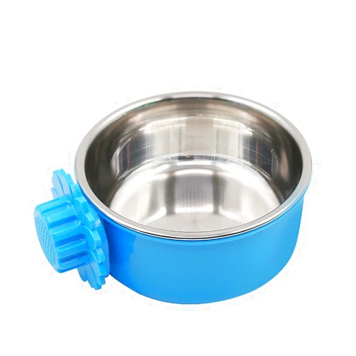 DEVILMAYCARE Pet Feeder Dog Bowl Stainless Steel Food Hanging Bowl Crates Cages Dog Parrot Bird Pet Drink Water Bowl Dish Accessory (L: 6''x2.2'', Blue)