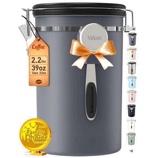 Veken Coffee Canister, 39OZ Large, Airtight Stainless Steel Food Storage Container for 2.2lbs Coffee Beans,Ground, Sugar,Espresso,Rice,Tea,Flour, Cookie, Jars,Home Kitchen Bar Accessories, Gifts,Gray