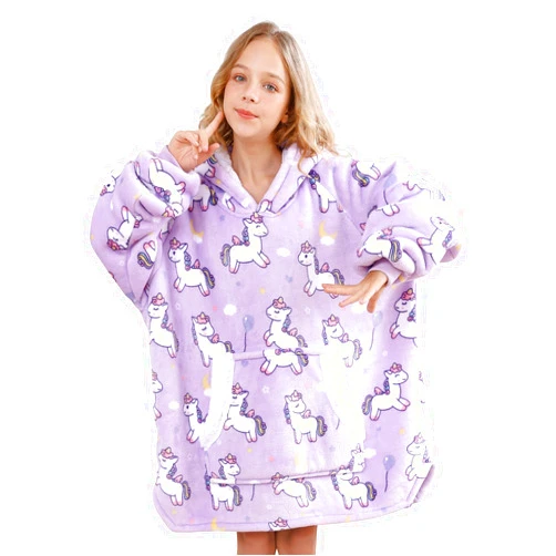 Topblan Blanket Hoodie for Kids Girls Boys Teens, Oversized Flannel & Sherpa Blanket with Hood Pocket and Sleeves, Cozy Warm Hoodie Blanket, Purple