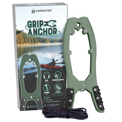 FARWATER Canoe Anchor Grip - Boat, Float Tube & Kayak Fishing Accessories, Kayaking Equipment - Brush Clamp Anchor with Teeth - Gripper with 15ft Paracord - Rubber Grips - Coated Steel -