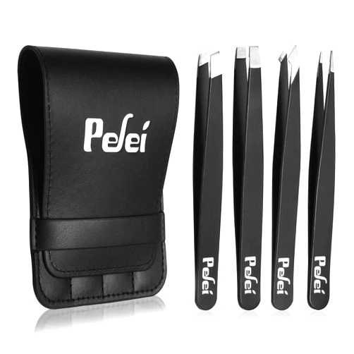 Pefei Tweezers Set - Professional Stainless Steel Tweezers for Eyebrows - Great Precision for Facial Hair, Splinter and Ingrown Hair Removal (Black)