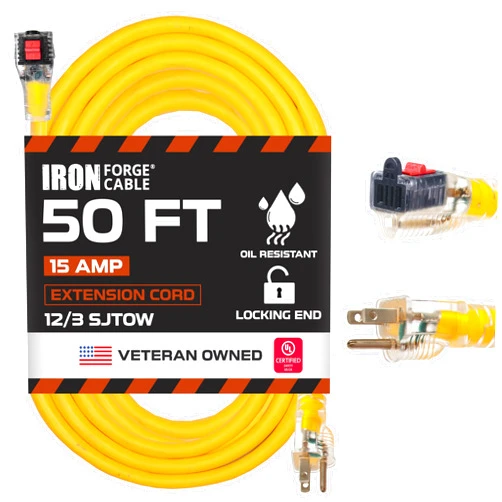 Iron Forge Cable Oil Resistant 12 Gauge Extension Cord 50 ft with Locking Ends, 12/3 SJTOW Heavy Duty Extension Cord 3 Prong with Locking Outlet, Yellow Outdoor Cable 15 Amp Great for Major Appliances