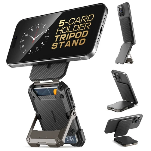 SUPCASE for MagSafe Wallet with Stand, Magnetic Wallet for Men, [Hold 5 Cards] [Adjustable Stand] [RFID Blocking] Phone Stand Credit Card Holder Tripod for iPhone 17/16/15/14/13/12 Series, Carbon