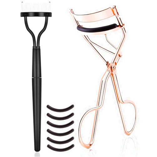 TPPICK Eyelash Curler Kit Metal Lash Curlers with Mascara Applicator Eyelashes Separator Comb & 6 Replacement Refill Pads (Rose Gold)