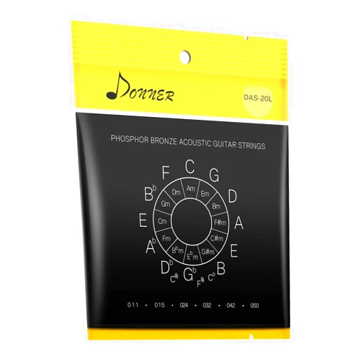 Donner Acoustic Guitar Strings, Light Acoustic Guitar Strings Phosphor Bronze Coated 1 Set of 6 Hex Steel String 11-50 DAS-20L