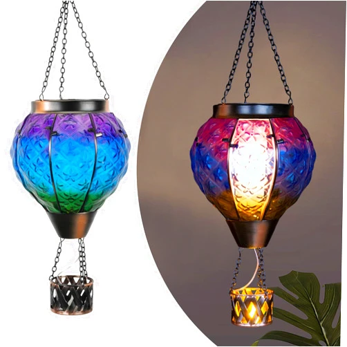 GIBMIDSER Hot Air Balloon Solar Lantern with Candle Holder,Glass Hanging Solar Lantern with Flickering Flame,Solar Lanterns Outdoor Waterproof for Lawn Patio Porch Tree Decor