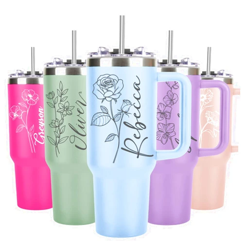 Flpoxzd Personalized 40 Oz Tumbler with Handle Custom Tumbler with Name & Birth Flower Month, Stainless Steel Travel Coffee Mug Cup, Birthday Gifts Personalized Gifts for Women Men