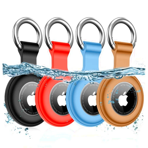 MOZOTER 4 Pack IPX8 Waterproof Airtag Holder Case [PC+Silicone] with Airtag Keychain for Apple Air Tags [Full Body Shockproof] [Anti-Scratch] Airtags GPS Item Finders Case-Black/Brown/Red/Blue