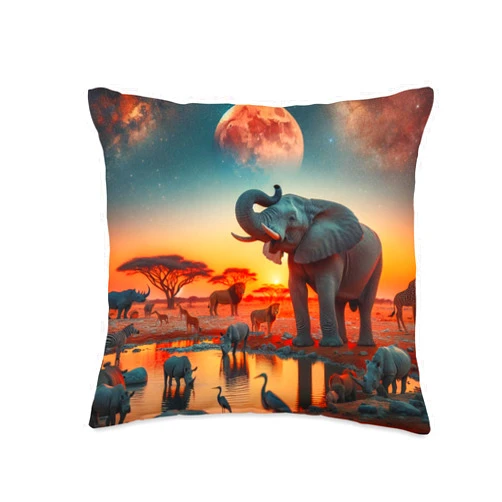 Zen Creations Elephant, Giraffe, Lion and Rhino at sunset in Africa Throw Pillow