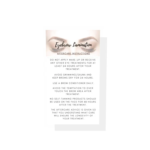 Cosmetology Supply Eyebrow Lamination Aftercare Instruction Cards | Physical Printed 2 x 3.5” inches Business Card Size | White with Brow Photo Design | Starter Lift Kit with Tint at home diy aftercare supplies