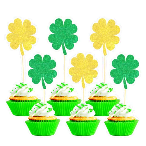 Moitkptt 24 PCS Glitter Lucky Four Leaf Clover Cupcake Toppers, St.Patrick's Day Shamrock Cake Toppers for for St Patrick's Day Party Decorations (Trefoil A)