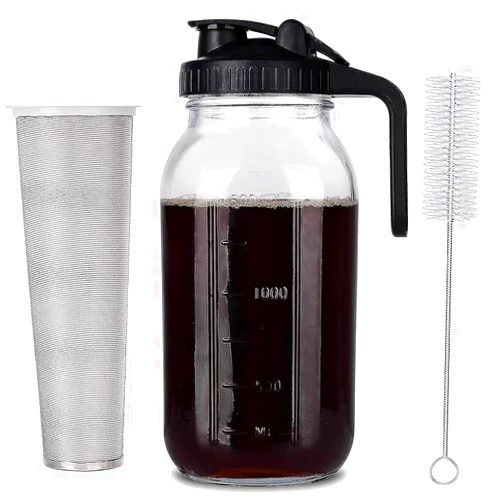 Ucraft Kitchen Glass Cold Brew Coffee Maker – 64 oz (2 Quart / 1.9 Liter) – Mason Jar Iced Coffee Pitcher, Durable Glass, with Stainless Steel filter, leak proof wide mouth lid and handle