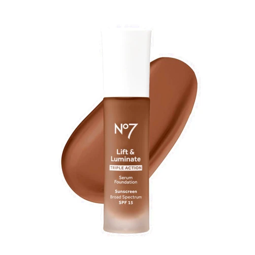 No7 Lift & Luminate Triple Action Serum Foundation - Liquid Makeup with SPF 15 for a Dewy, Glowy Base - Radiant Formula for Mature Skin - Walnut (30ml)
