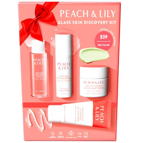Peach & Lily - Glass Skin Discovery Kit (4 Products) - Cleanser, Essence, Serum, & Cream - Facial Skincare Set - Acne Routine - Trial & Travel Size - Vegan, Gluten Free, & Cruelty Free - Korean Beauty