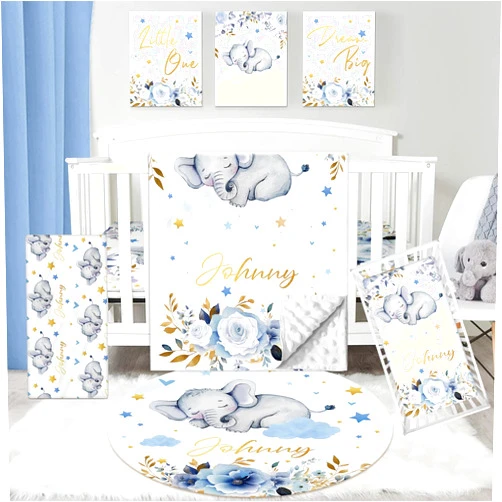 Dyoart Personalized Baby Crib Bedding Set - 5 Piece Custom Baby Crib Sets with Name, Nursery Bedding Set for Baby Boys Crib Elephant Pattern Gift Idea Double Layer Blanket Set(Fixed Size)