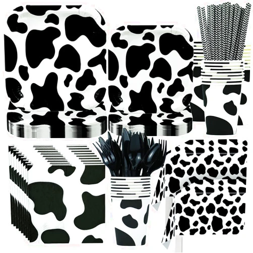 HIPEEWO Cow Birthday Party Supplies Tableware - Cow Print Party Supplies Decorations Include Plates, Cups, Napkins, Cutlery, Tablecloth, Straws, Cow Farm Theme Party Decorations Dinnerware | 24