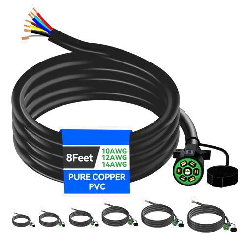 Gubrdfrsod 8 Ft 7 Pin Trailer Plug 10-14AWG 7 Way Trailer Plug Brass 7 Pin Trailer Wiring Harness Heavy Duty 7 Wire Trailer Wiring Harness Kit with Dust Cover 7 Way Trailer Wire for Rv Trailer Camper
