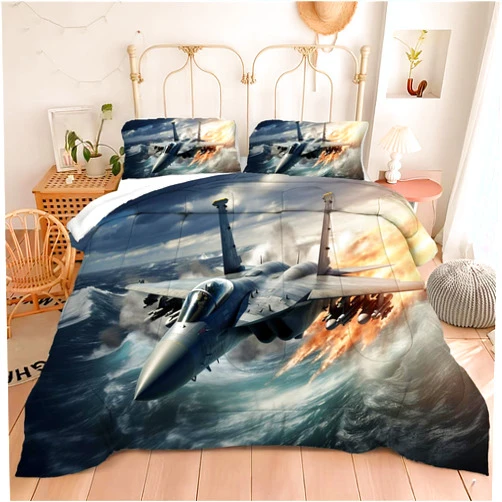 Motorax Fighter Aircraft Comforter Set Kids F-15 Eagle Flying on The Sea Surface Bedding Set Boys Girls Military Jet Print Decor Quilt Set, Twin Size, 1 Comforter 1 Pillowcase
