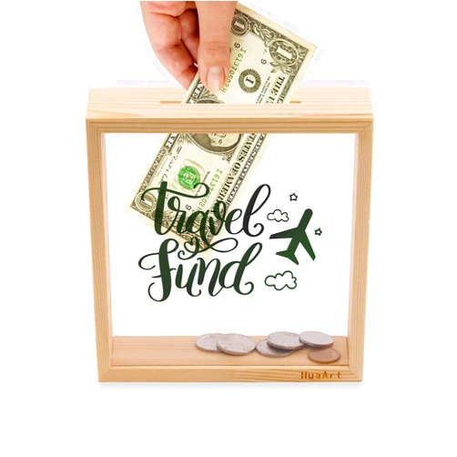 HuaArt Piggy Banks for Adults，Decorative Shadow Box Wooden Frame，Coin Bank Money Bank，Sized 6.5x6.5x2 Inch，Natural Wood Money Box，Travel Fund Printed on The Plexiglass Front.