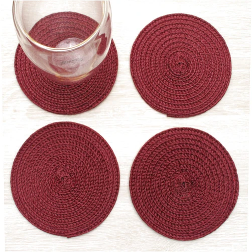 CAIT CHAPMAN HOME COLLECTION Round Braided Woven Polypropylene Plastic Coaster Set of 4 (Merlot)