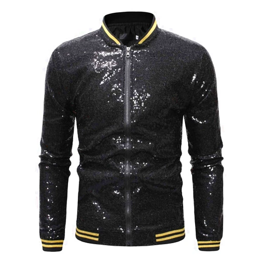 Omoone Men's Zip Up Mermaid Sequin Lightweight Shiny Clubwear Bomber Jacket