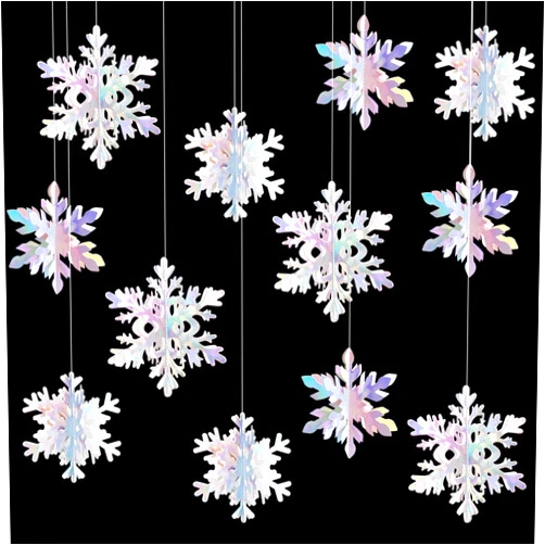 Hugtmr Iridescent-Holographic Snowflake-Snow Christmas Party-Decorations Garland - 12Pcs 3D Winter Wonderland Frozen Hanging Streamers Banner,Disco Birthday Baby Bridal Shower Wedding Decor Supplies Hugtmr