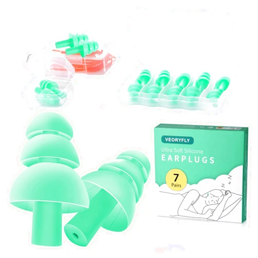 VeoryFly Ultra Soft Sleeping Ear Plugs for Swimming Sleeping Noise Cancelling 7 Pairs，2025 New Reusable Silicone Ear Plugs for Noise Reduction Earplugs for Sleep Concert Snoring-3 Portable Cases Mint Green