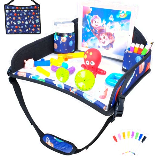 COOLBEBE Kids Travel Tray for Toddler Car Seat, Travel Tray for Airplane, Lap Tray with Storage, Portable Carseat Table Tray for Kids, Blue Space