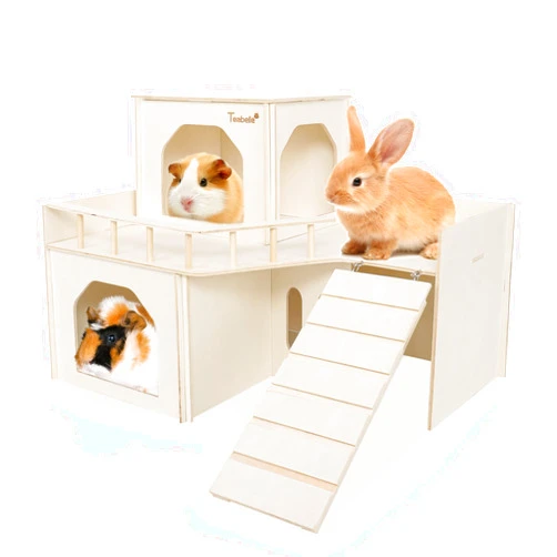 Teabelle Wooden Guinea Pig Hideout House, Multi-Chamber Guinea Pig Castle with Ladder, Small Animal Detachable Habitat Decor, Cage Accessories for Guinea Pig Chinchilla Bunny Hamster Hedgehog Squirrel
