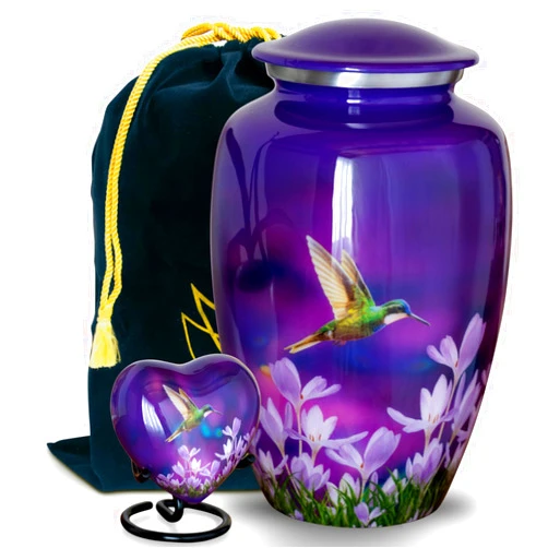 Olivia Memorials Large Purple Hummingbird Urn with One Individually Boxed Small Heart Urn