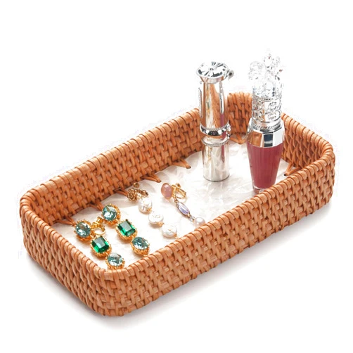 YANGQIHOME Jewelry Tray, Rattan Jewelry Organizer with White Leaf Base – Decorative Jewelry Organizer Dish for Rings, Watches, Keys – Ideal for Bedroom, Living Room, Entryway, Natural