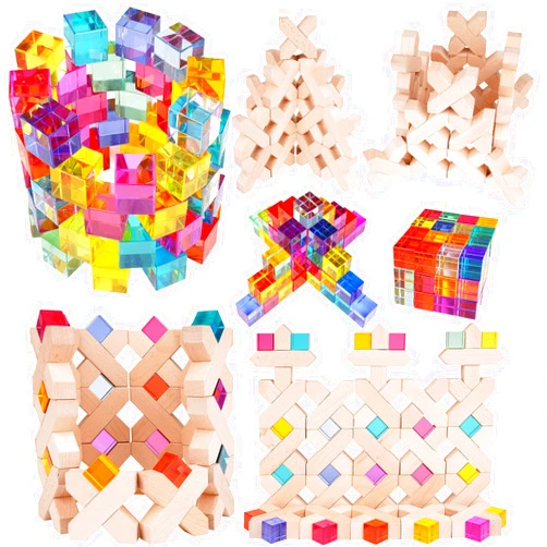 Agirlgle Wooden Rainbow Building Blocks Cube Gem Stacking Blocks Toy - Colorful Montessori Rainbow Stacker Toy Elegant Wood Rainbow Cube Blocks- Acrylic Blocks Educational Toys for Toddlers- 80Pcs