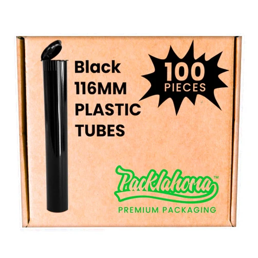 Packlahoma 100 Pack 116mm Tubes Black King Size - Plastic Pop Top Tubes with Squeeze Cap - Airtight, Waterpoof and Child Proof Container (100 Count) (Black 116mm 100Pack)