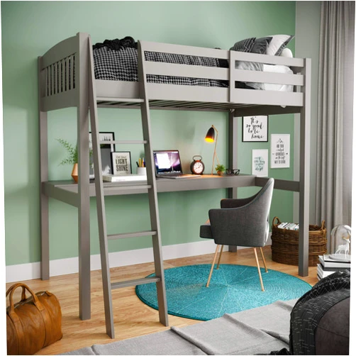 Geelife Everest Grey High Loft Bed with Desk and Storage, Heavy Duty Solid Wood Twin Size Loft Bed Frame with Stairs for Kids and Toddlers, No Box Spring Needed