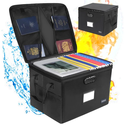 DEEGO Fireproof Document Box, Water-Resistant File Organizer Box with Lock, Portable File Box with Handle Document Safe Collapsible File Cabinets for Home Office for Hanging Letter/Legal Folder, Black