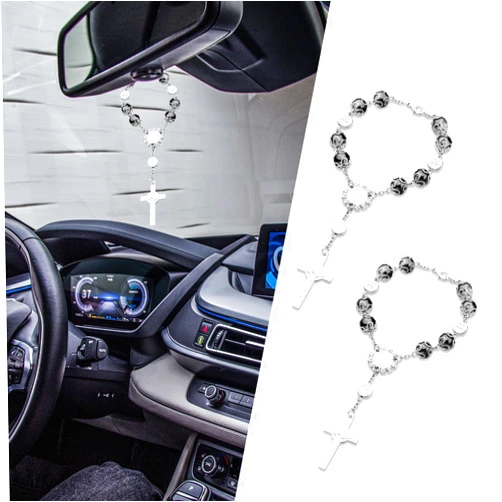 PACLVIO 2PCS Car Rosary for Rearview Mirror, Car Mirror Hanging Accessories, Personalized Car Cross Blessing Catholic Car Medal for Woman Men, Universal Auto Rearview Mirror Rosary Pendant for Most Cars