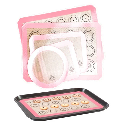 Kirosaku Silicone Baking Mats - Baking Mats for Cookie Baking Sheets - Reusable Silicone Pastry Pad for Oven - Nonstick, Dishwasher Safe - Baking Supplies - Set of 5, Pink