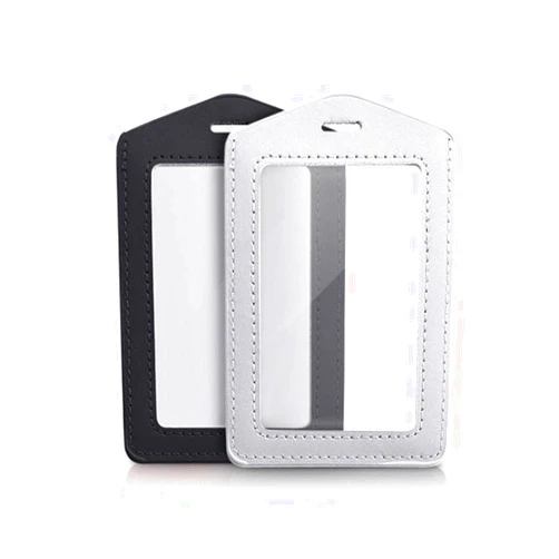 Teensery 2 Pcs Vertical Leather ID Badge Holder Waterproof Clear Card Holder for School ID Office ID, Black and Silver Gray(Only Holder)