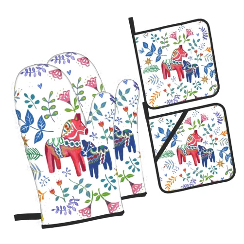 Xufhiyz Floral Swedish Dala Horse Oven Mitts and Pot Holders Sets Kitchen Oven Gloves BBQ Gloves Pot Holders for Cooking Baking