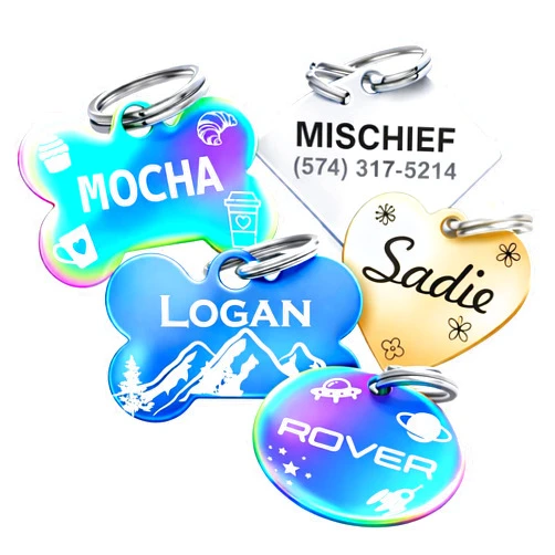 Dr. Fremont's Stainless Steel Custom Pet ID Personalized Engraved Identification Cat and Dog Tags with Custom Text, Many Shapes Including Bone, Heart, Circle (Rainbow Stainless Steel, Small Diamond)