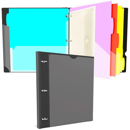 JISUSU Telescoping Project Organizer Binder, Refillable 3 Ring Binder with 5 Colors Two Pocket Dividers, Plastic Binder with Customizable Front Cover and Binder Pocket - Black